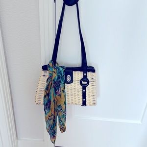 Patricia Nash Wicker Handbag & Scarf in Black Leather & Beige Wicker